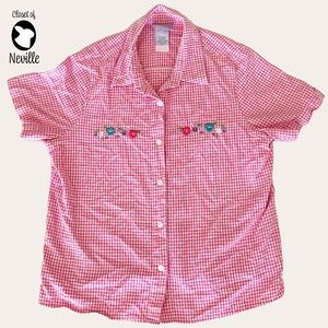 Vintage Blair Pink Checkered Blouse with Embroidered Flowers